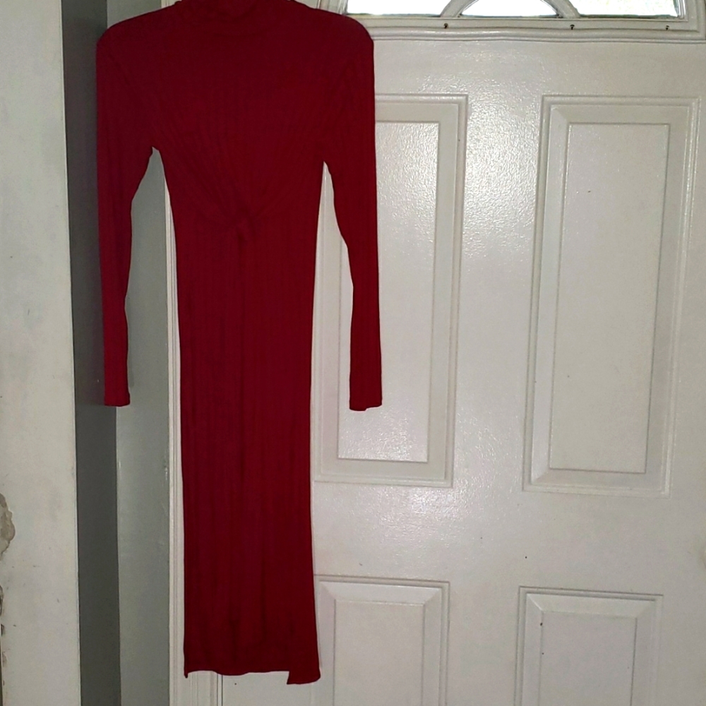 By Fashion Nova, Ribbed set high turtle neck side slits with front tie,Red, xs